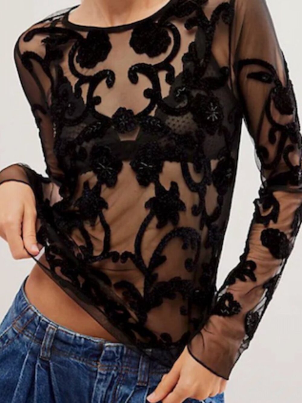 Free People Sheer Top, black mesh fabric, embroidered
